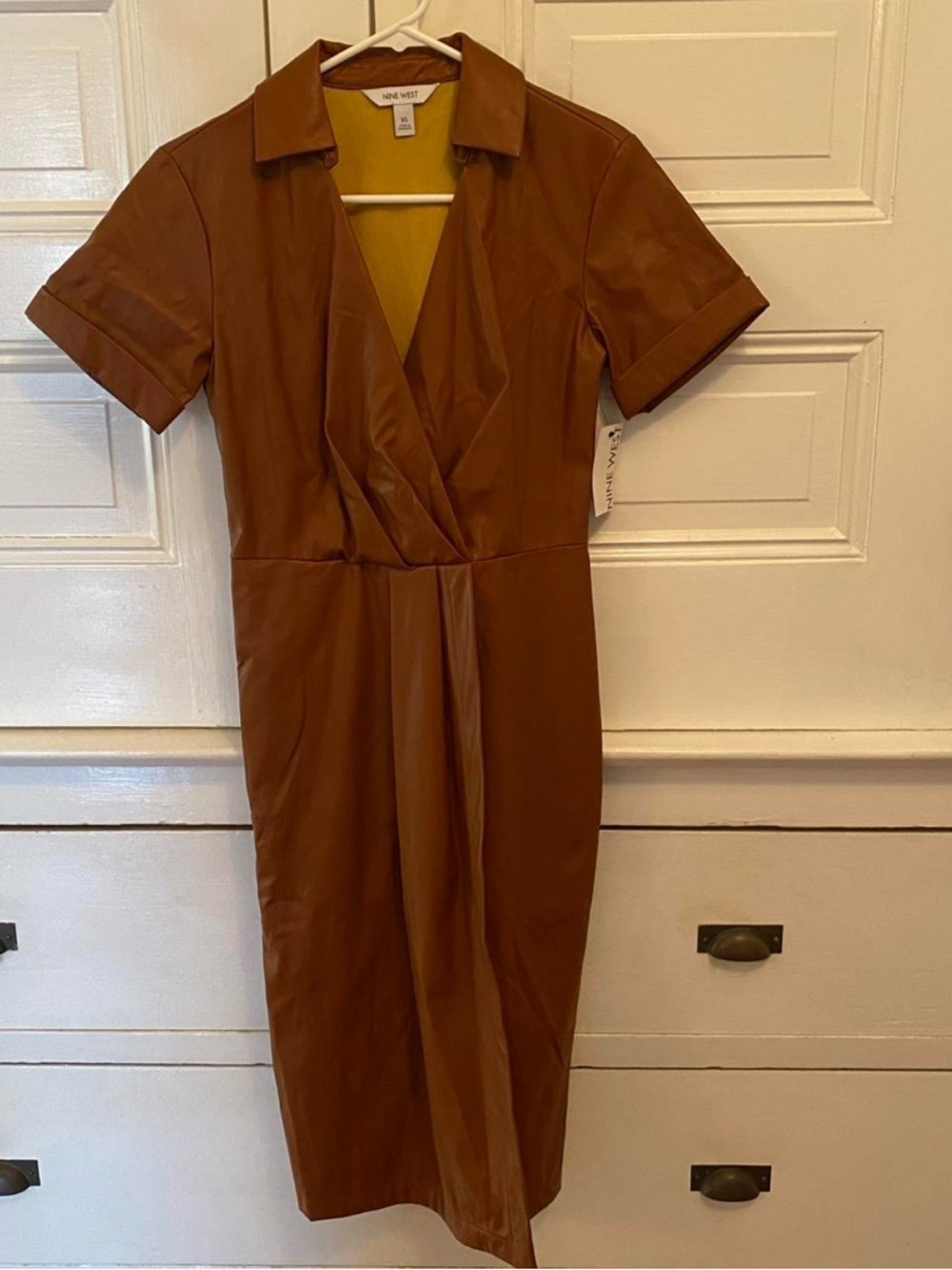 Nine West Cognac Faux-Leather Midi Wrap Dress